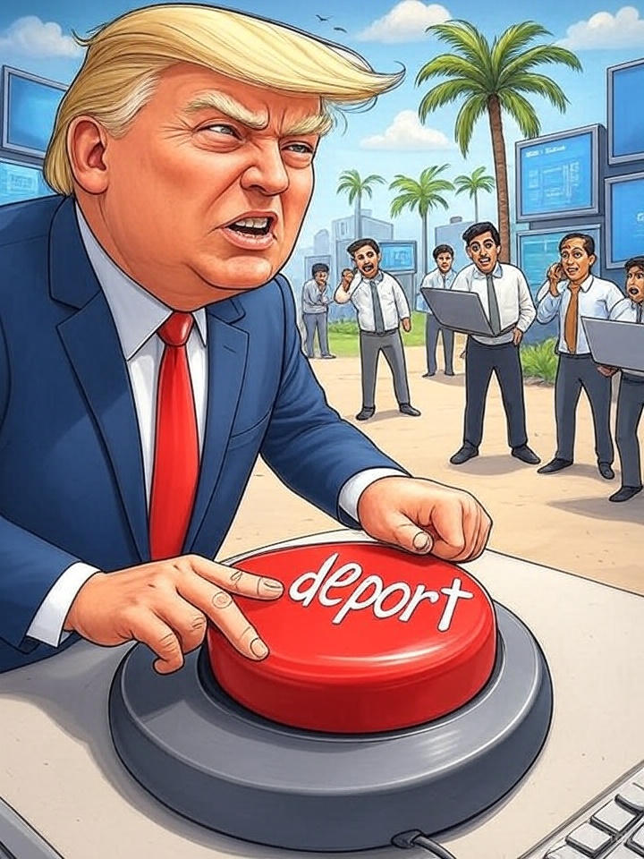 A satirical cartoon of President Trump accidentally pressing a giant red 'deport' button on a computer, causing chaos for Indian tech workers in Silicon Valley.